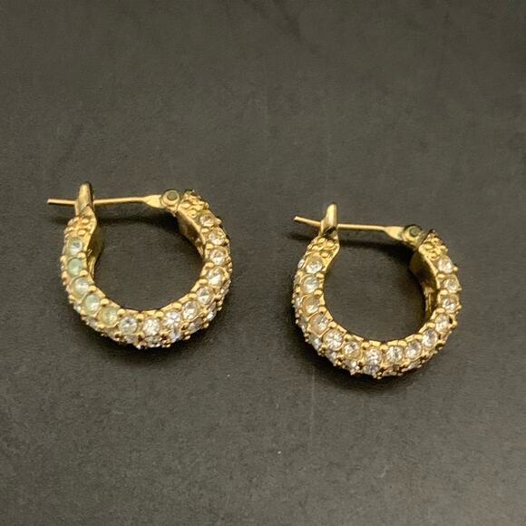 Vintage Signed Monet Rhinestone Hoop Petite Earrings Gold Tone - Picture 1 of 8